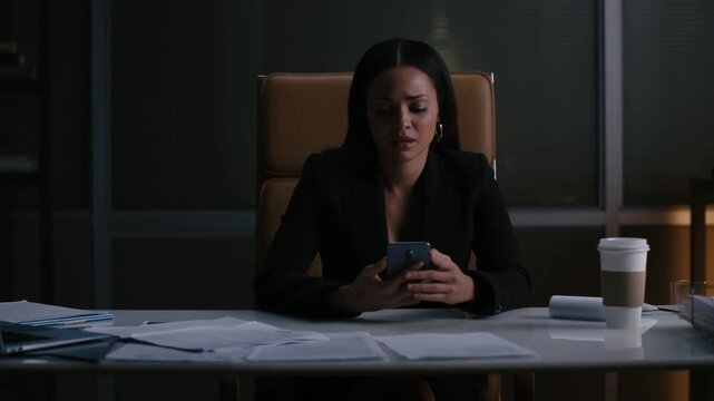 A woman sits at a desk in deep concentration, looking at her phone, papers scattered around her. A cup sits beside her. Stock Video