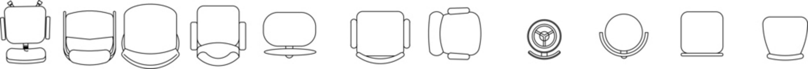 Line art vector set of various seating furniture (chairs and armchairs) in top view (plan view) for office and residential architectural layouts.