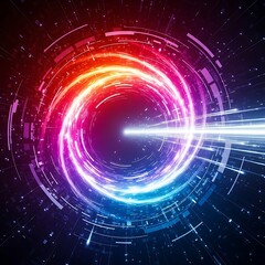 Obraz premium Abstract swirling vortex of vibrant neon light trails and digital data streams against a dark, starfilled cosmic background