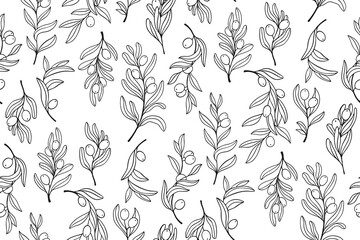 Olive branches with leaves olives seamless pattern. Hand drawn botanical elegant boundless background. Vector illustration endless design perfect for paper print, textile, wrapper backdrop template