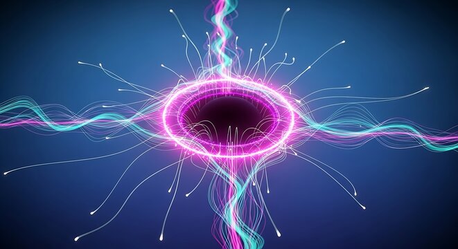 Abstract visualization of a glowing pink and blue energy vortex with particles emanating outwards on a dark blue background