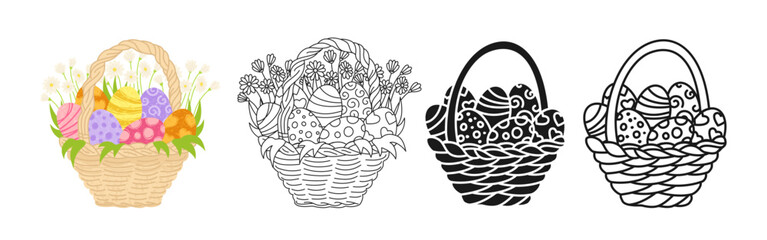 Happy easter eggs in basket symbol cartoon set. Easter childish illustration basket full of decorated eggs and spring flowers linear doodle icon. Vector isolated on white background