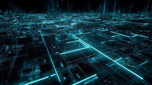 Glowing digital infrastructure stretches across a dark, abstract plane into the distance. - Powered by Adobe