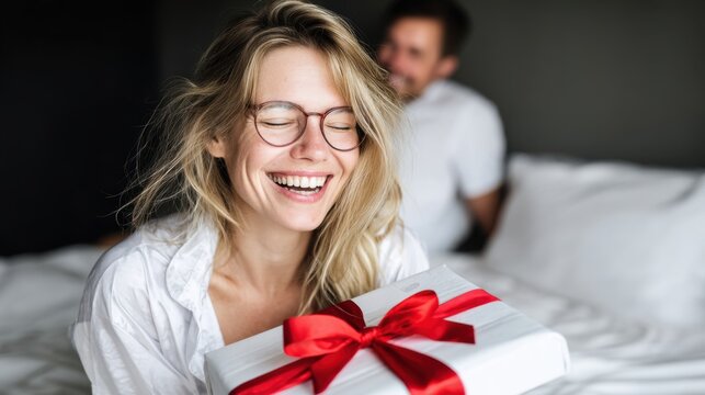 Woman with joyful expression opening Christmas present from boyfriend 