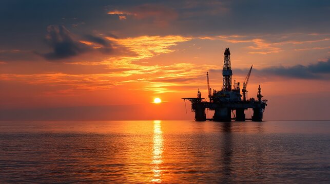 Offshore drilling structure stands silhouetted against a dramatic, colorful sunset on the calm water