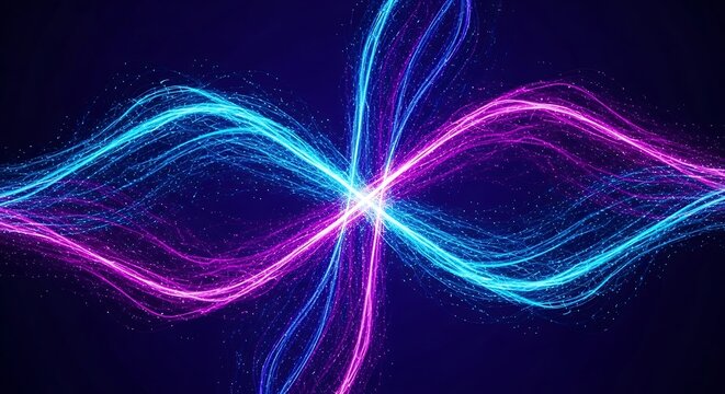 Abstract visualization of swirling blue and pink energy trails crossing in a dark void, creating a symmetrical pattern