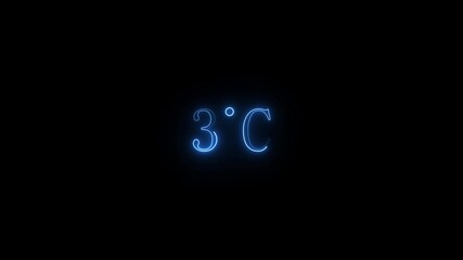 Glowing neon digital temperature display showing 3°C on black background, futuristic LED-style number animation, Researches 3 degrees centigrade