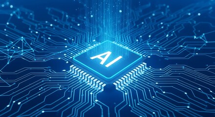 Abstract digital illustration of a central ai chip glowing with blue light, surrounded by intricate circuit board pathways, symbolizing artificial intelligence and technology