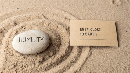Inspirational Stone with the Word Humility and a Card Rest Close to Earth Surrounded by Soft Sand Texture