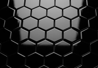 Fototapeta premium Highly glossy deep black hexagonal tiles forming a geometric honeycomb pattern texture.