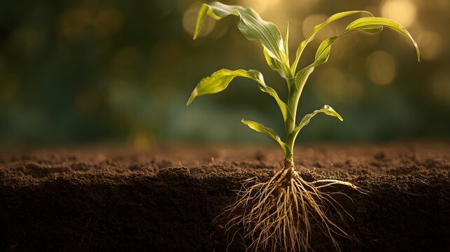 Young seedling displaying established root system emerging from dark, fertile soil under warm light