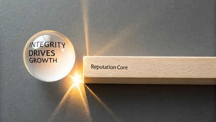Integrity Drives Growth Concept with Glass Sphere and Wooden Block Displaying Reputation Core on Grey Background