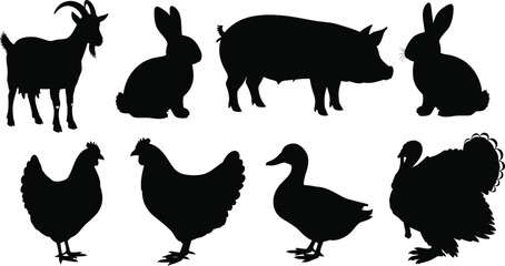 Black silhouette illustration of farm animals including goat, pig, rabbit, chicken, duck, and turkey, vector artwork for agriculture, livestock, and farming concept design