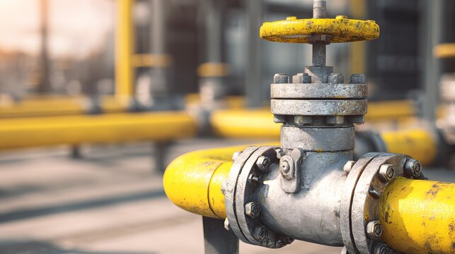 Industrial pipeline system features a prominent metal control valve with a yellow wheel detail - Powered by Adobe