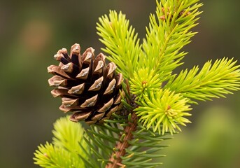 Close-up of a small pine cone on bright green new pine growth.
