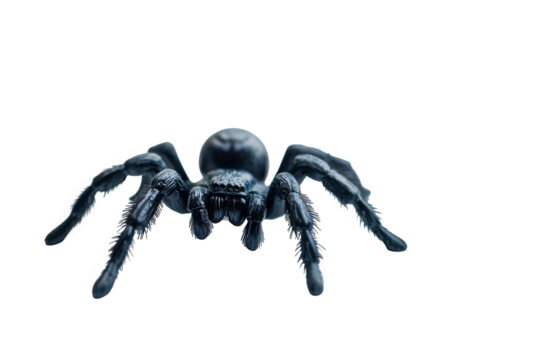 Black spider isolated on transparent background, showcasing its hairy body, multiple eyes, and eight legs, poised in a predatory stance, ready to pounce