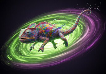 A vibrant, multicolored chameleon floats against a swirling background of green and purple energy, creating a fantastical and surreal composition.