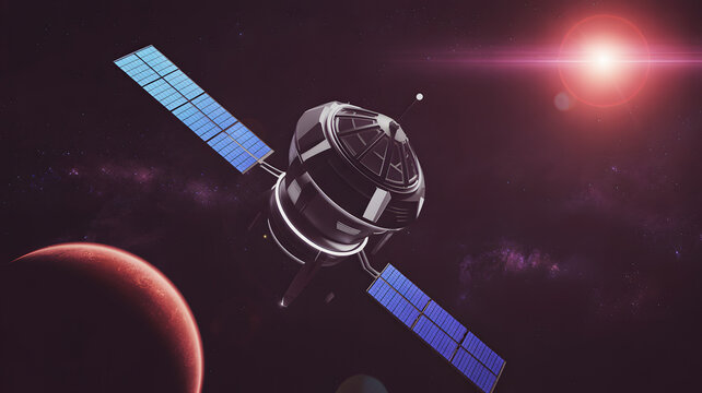 A satellite with solar panels orbiting a red planet under a bright star in deep space view - Powered by Adobe