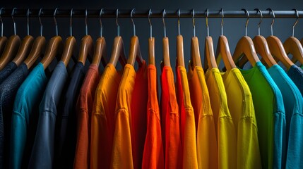 Row of colorful casual garments hangs neatly organized on wooden hangers in a dark closet setting.