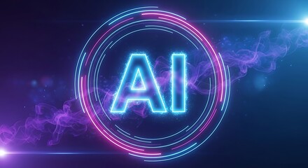 Glowing neon ai logo with futuristic circular rings and abstract purple smoke effects on a dark background