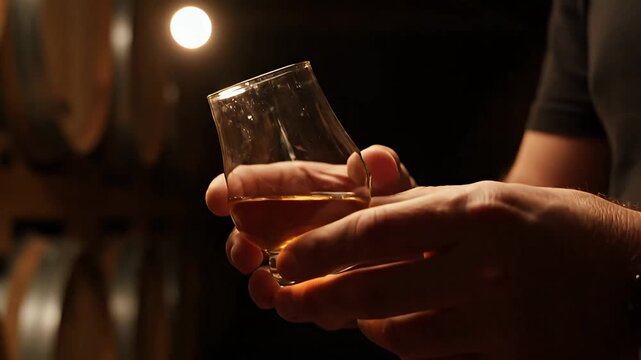Close up of hands holding a whiskey glass appreciating fine scotch in dark cellar