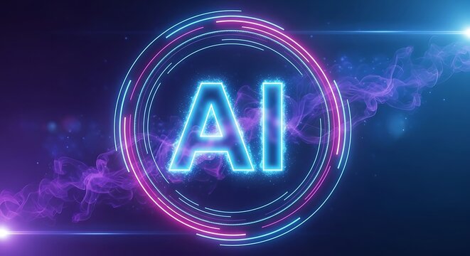 Glowing neon ai logo with futuristic circular rings and abstract purple smoke effects on a dark background