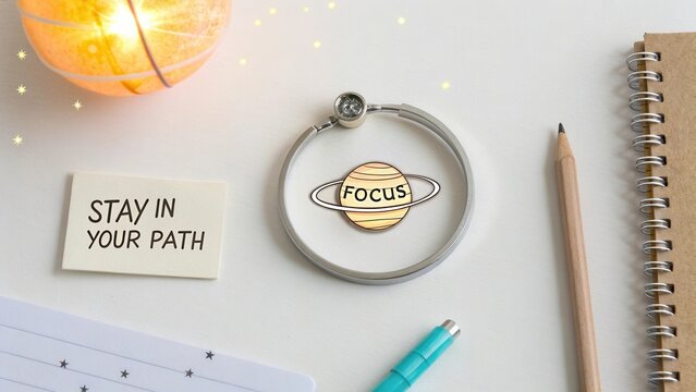 Inspirational desk setup featuring motivational notes, a bracelet with planet design, and stationery tools in a cozy workspace