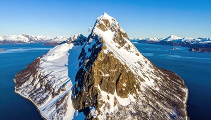 Snowy mountain peak by tranquil sea