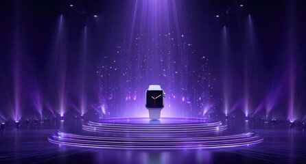 A lone figure stands on a brightly lit stage under purple spotlights.
