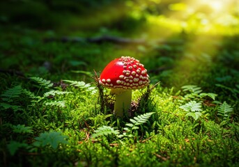 Vibrant red fly agaric mushroom growing in lush green moss on the forest floor with sunlight.