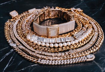 A luxurious collection of gold and diamond jewelry including chains bracelets and a watch on a black marble surface.