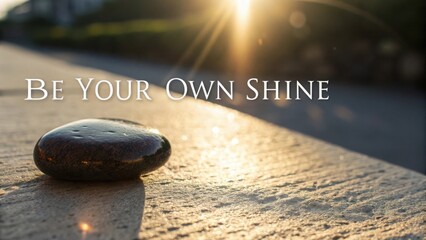 Inspirational Quote on Stone with Warm Sunrise Glow, Be Your Own Shine Message, Peaceful Morning Scene Background