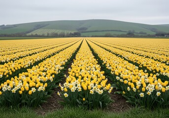 Fototapeta premium Symmetrical rows of vibrant yellow tulips and white daffodils in a vast spring field