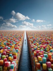 A solitary person walks a straight path through a colorful abstract city.