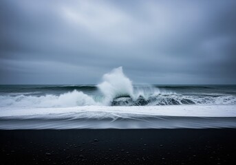 Powerful sea wave breaking on dark volcanic sand beach under a dramatic stormy sky