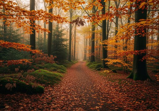 Tranquil autumn woodland path covered in fallen leaves and surrounded by foggy forest trees