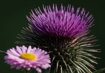 Spiky purple thistle bloom macro detail next to a soft pink wildflower