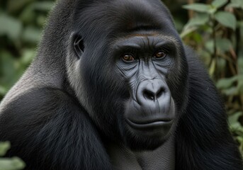 Obraz premium Powerful close up portrait of a majestic male gorilla in the dense jungle.