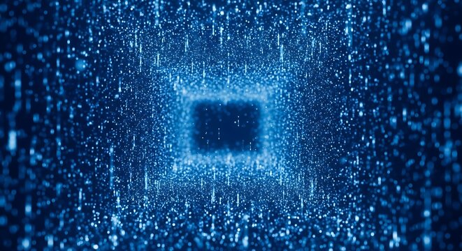 Abstract blue digital tunnel with glowing particles and a central dark square, representing data flow and technology