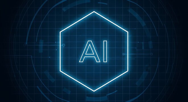 Glowing neon blue hexagon with ai text in the center on a dark futuristic grid background