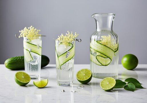 Sophisticated elderflower and cucumber infused drinks in highball glasses and carafe