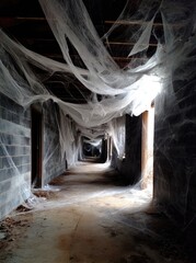 Abandoned Corridor Decorated with Cobwebs.
