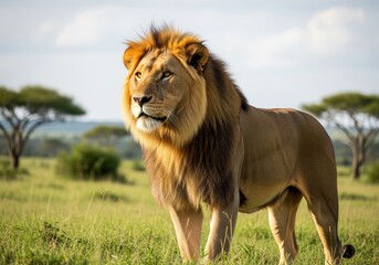 Powerful male lion standing alert in the lush green african savanna under a bright sky