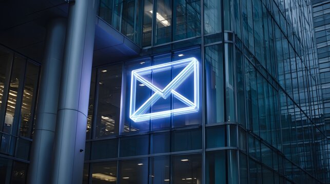 Glowing neon envelope symbol illuminates modern corporate building exterior at night
