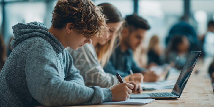 Man is writing on a laptop