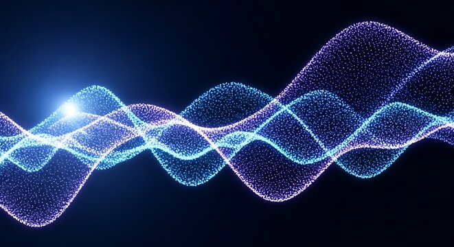 Abstract visualization of glowing blue and purple particles forming undulating waves against a dark background, representing data flow or sound waves