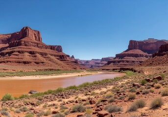 Obraz premium Panoramic view of a muddy river flowing through massive red rock canyons under a clear blue sky.