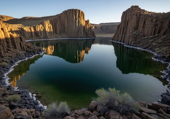 Dramatic columnar basalt cliffs reflecting in a deep emerald desert lake at golden hour.