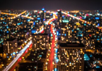 Abstract aerial view of city night lights with bokeh effect and long exposure traffic trails