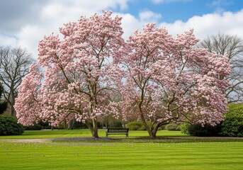 Obraz premium Magnificent pair of pink flowering magnolia trees in full bloom in a beautiful park.